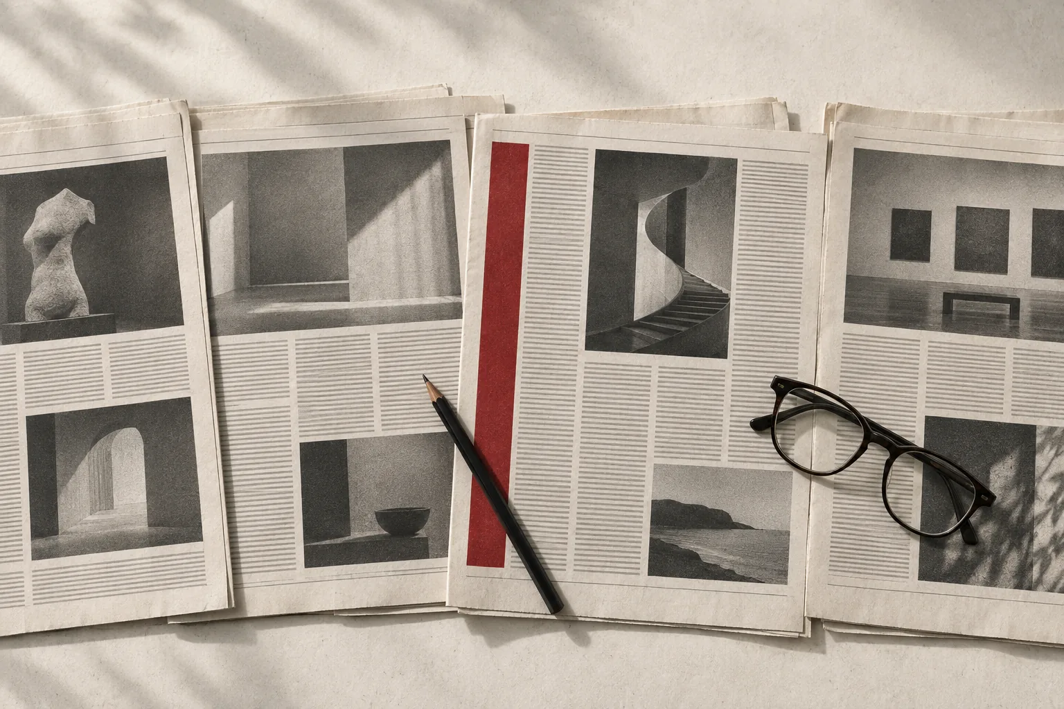 Pagine di quotidiano affiancate su un piano, una segnata da una striscia rossa, con una matita e un paio di occhiali da lettura posati sopra